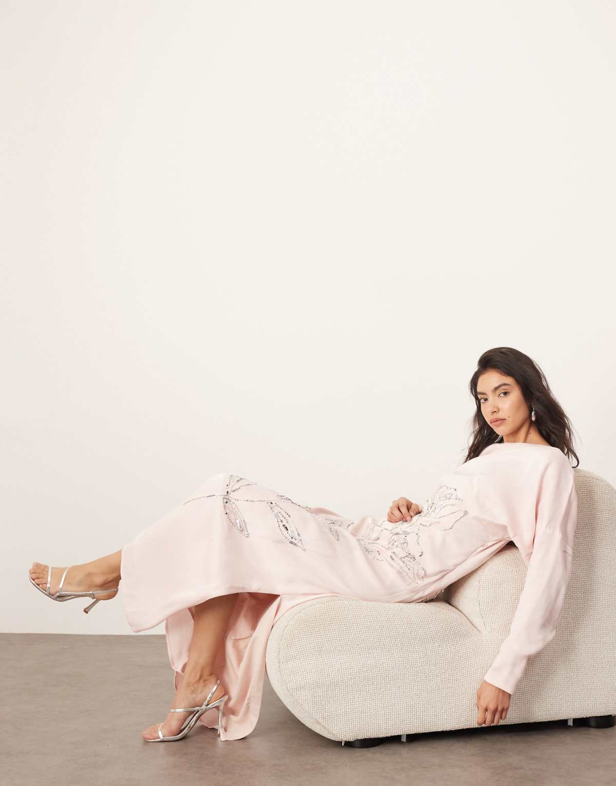 ARRANGE floral embellished slouchy plunge wrap maxi dress in light pink