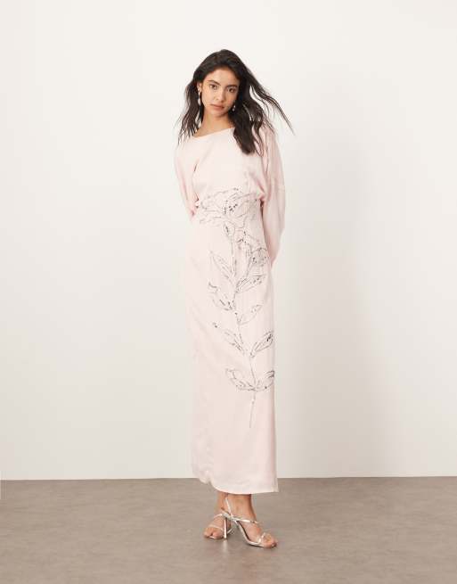 ARRANGE floral embellished slouchy plunge wrap maxi dress in light pink
