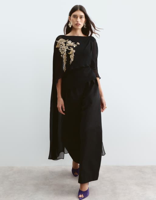 ARRANGE floral embroidered and beaded cape overlay top with low back in black, 2 of 5