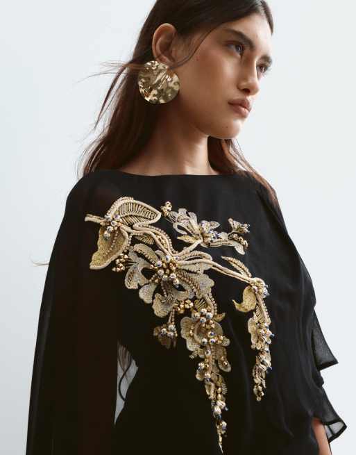 ARRANGE floral embroidered and beaded cape overlay top with low back in black, 3 of 5