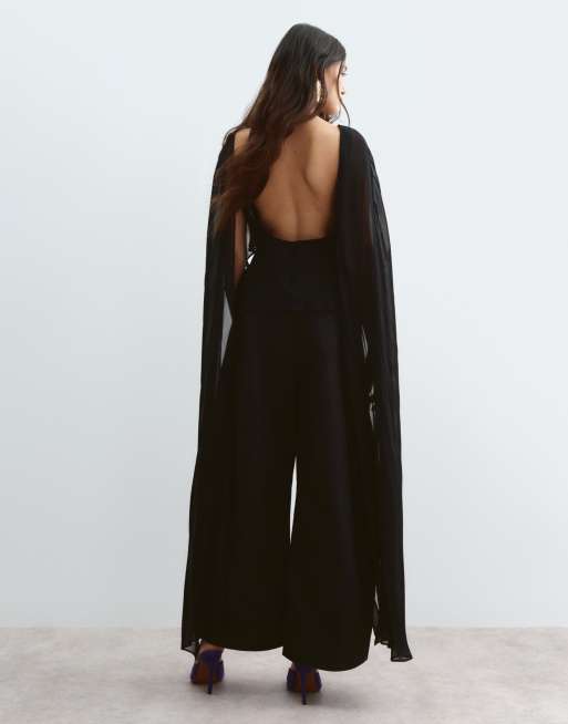 ARRANGE floral embroidered and beaded cape overlay top with low back in black, 4 of 5