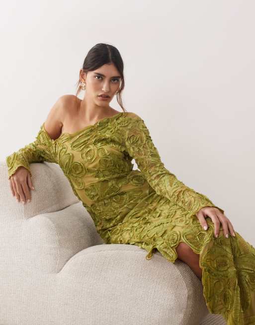 ARRANGE floral embroidered and embellished off shoulder maxi dress in green, 2 of 4