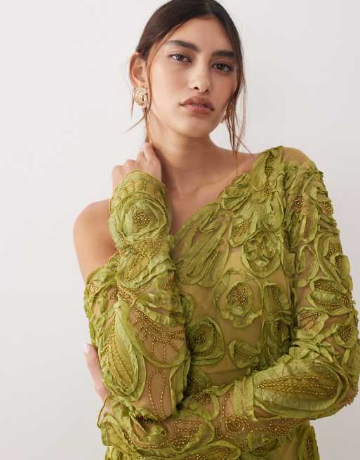 ARRANGE floral embroidered and embellished off shoulder maxi dress in green, 3 of 4