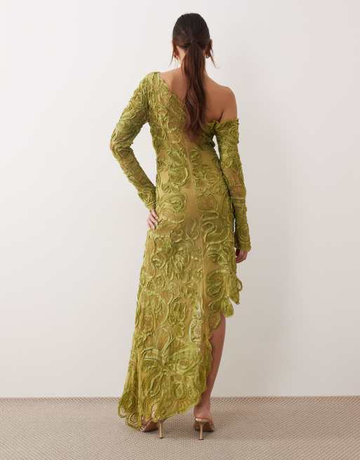 ARRANGE floral embroidered and embellished off shoulder maxi dress in green, 4 of 4