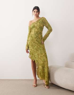 Arrange Floral Embroidered And Embellished Off The Shoulder Maxi Dress In Green