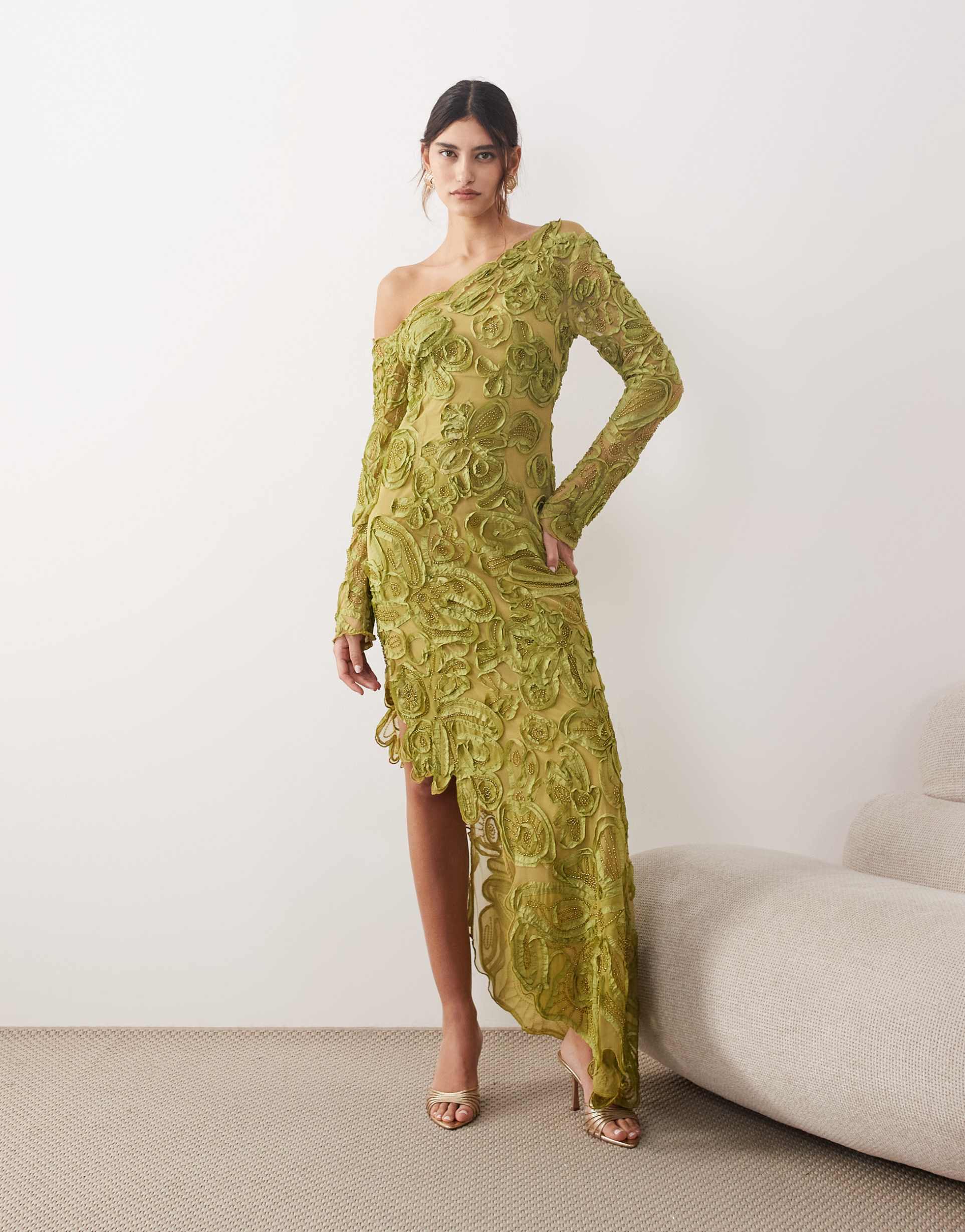 arrange floral embroidered and embellished off the shoulder maxi dress in green