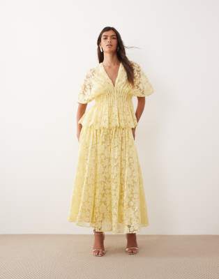 ARRANGE ARRANGE floral embroidered cinched waist pleated top co ord in yellow