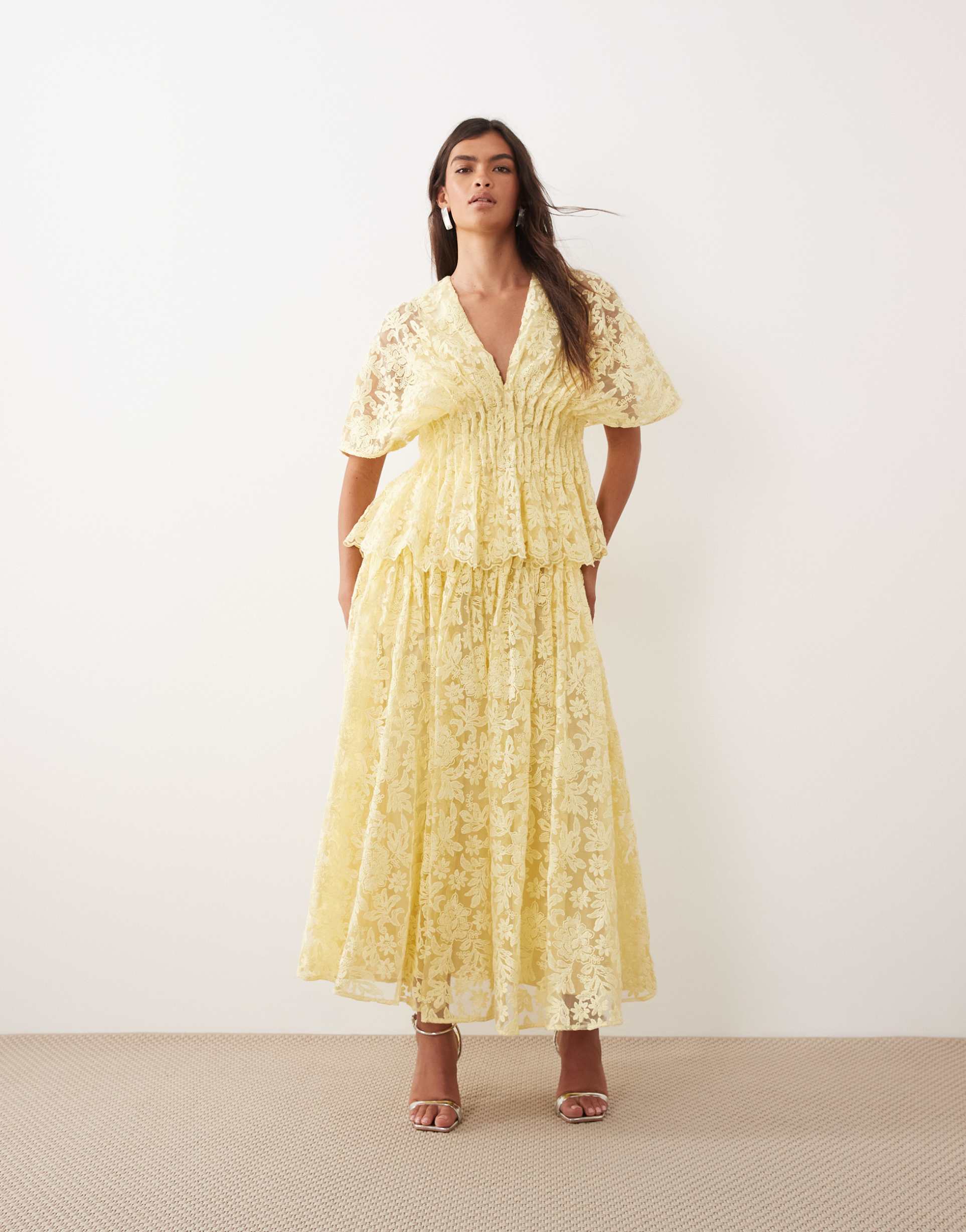 arrange floral embroidered cinched waist pleated top in yellow - part of a set