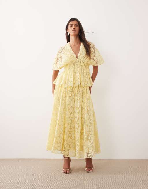ARRANGE floral embroidered cinched waist pleated top in yellow