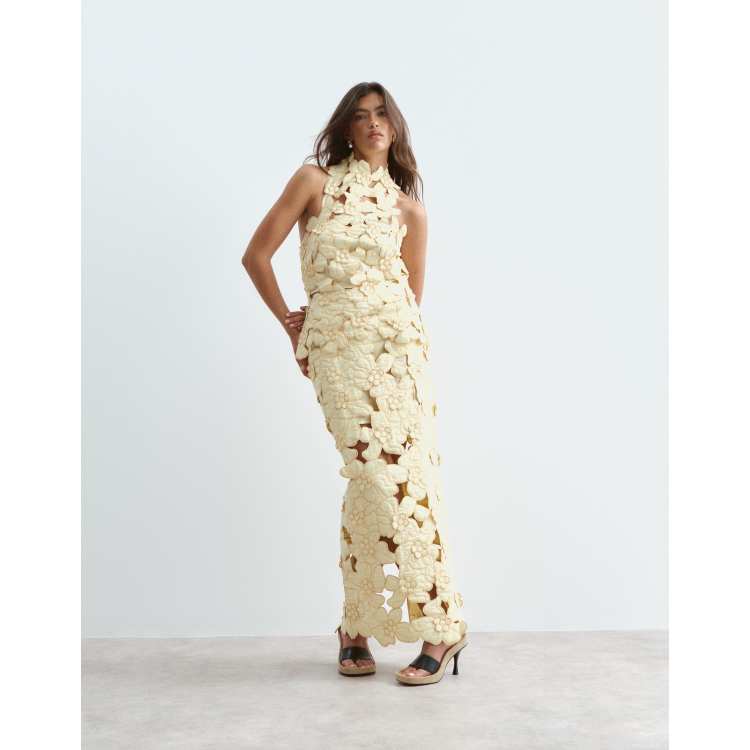 arrange cotton floral embroidered plunge midi dress in buttermilk ARRANGE Cotton Floral Embroidered Plunge Midi Dress in Natural