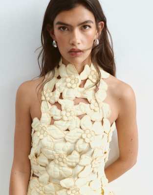 Arrange Floral Embroidered Linen Look Cutwork Halterneck Top In White