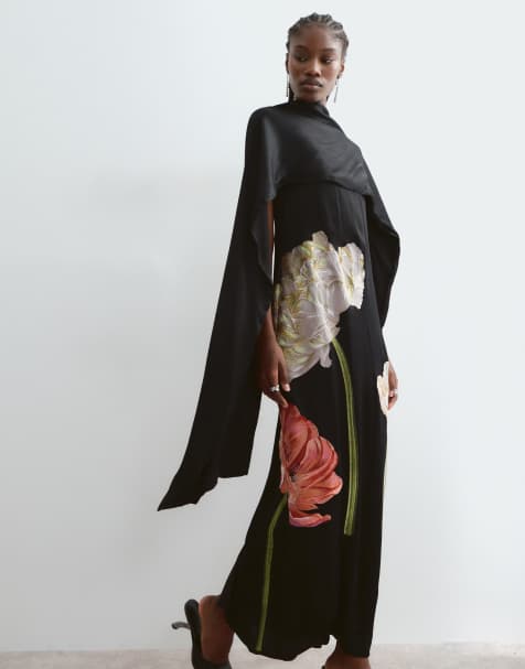 ARRANGE floral embroidered satin overlay maxi dress in black - view 1