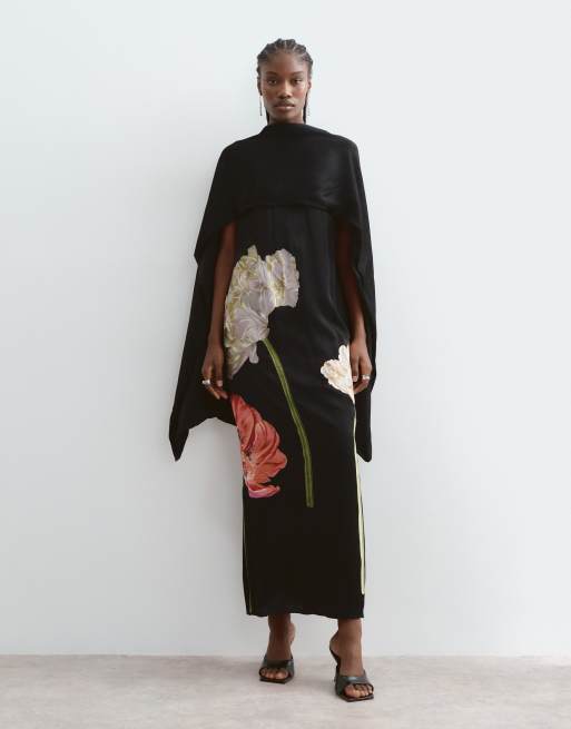 ARRANGE floral embroidered satin overlay maxi dress in black, 2 of 5