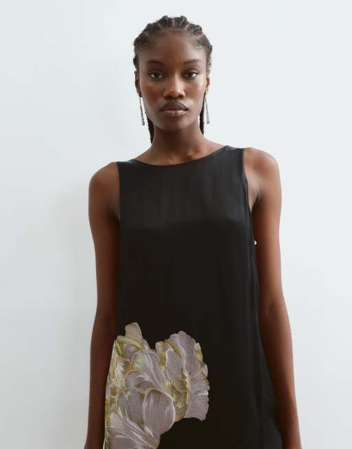 ARRANGE floral embroidered satin overlay maxi dress in black, 4 of 5