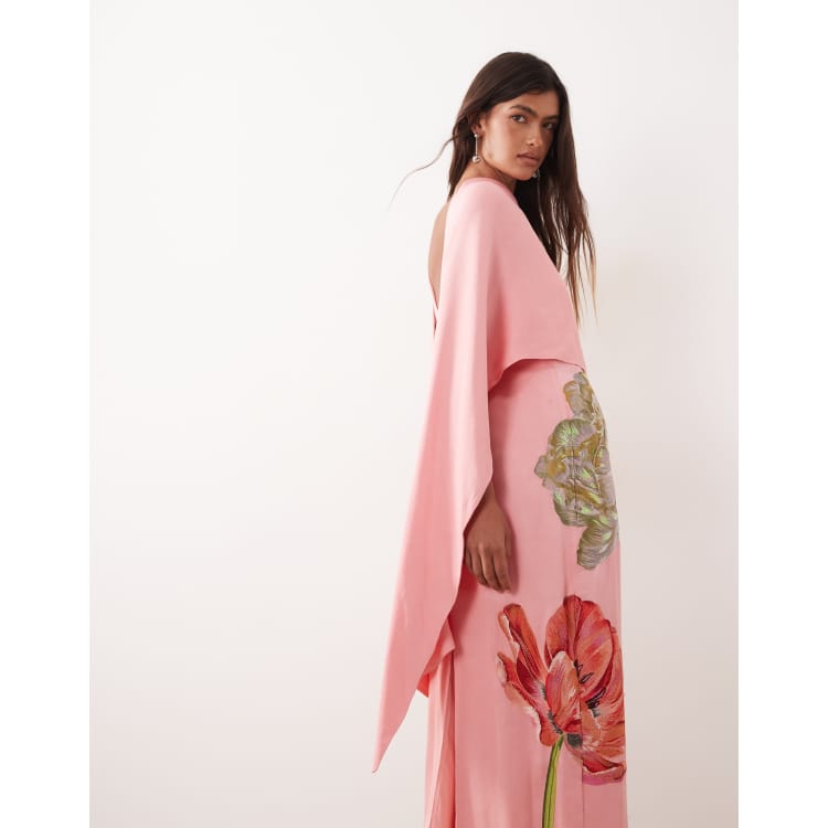 ARRANGE floral embroidered satin overlay maxi dress in pink | ASOS