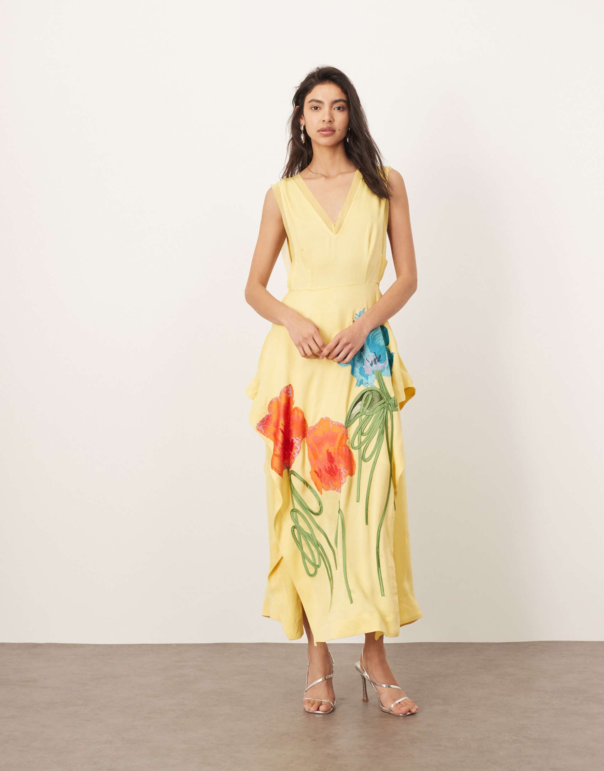arrange floral embroidered sleeveless midi dress with side splits in yellow