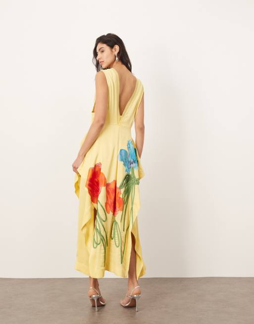 ARRANGE floral embroidered sleeveless midi dress with side splits in yellow