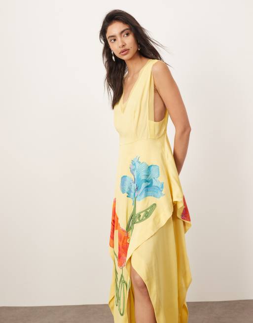 ARRANGE floral embroidered sleeveless midi dress with side splits in yellow