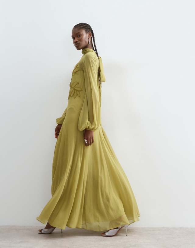 ARRANGE floral embroidered tie neck blouson sleeve trapeze maxi