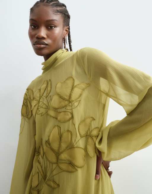 ARRANGE floral embroidered tie neck blouson sleeve trapeze maxi dress in lime, 2 of 5