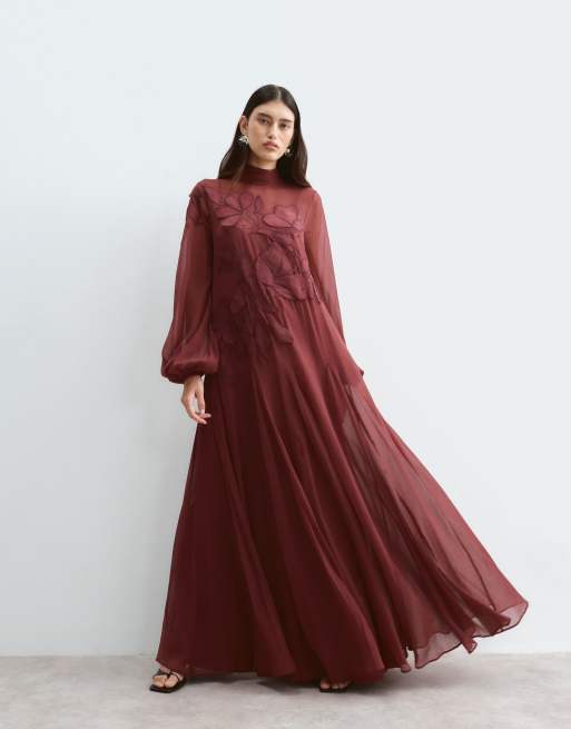 ARRANGE floral embroidered tie neck blouson sleeve trapeze maxi dress in wine, 2 of 5