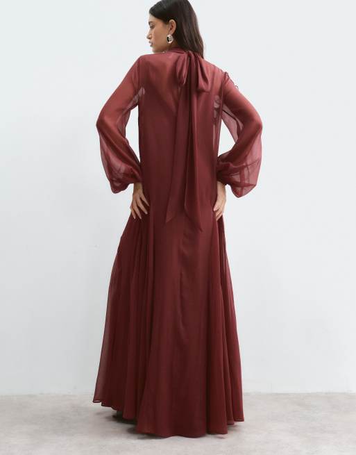 ARRANGE floral embroidered tie neck blouson sleeve trapeze maxi dress in wine, 3 of 5