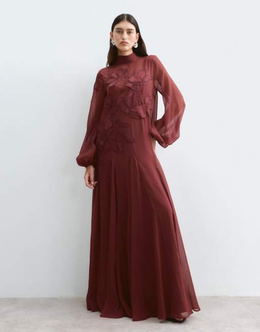 ARRANGE floral embroidered tie neck blouson sleeve trapeze maxi dress in wine, 5 of 5