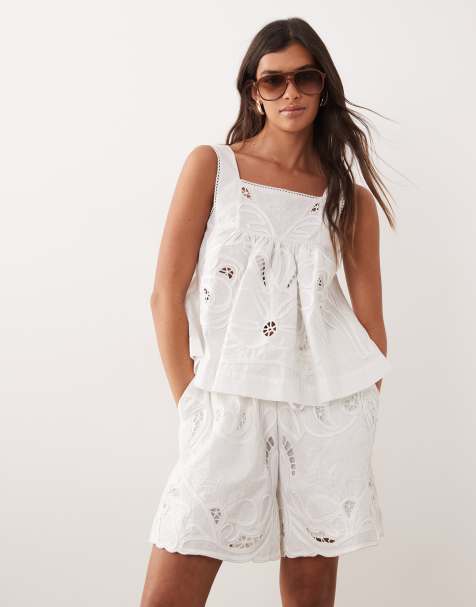 ARRANGE floral embroidered trapeze top and shorts set in white - view 1