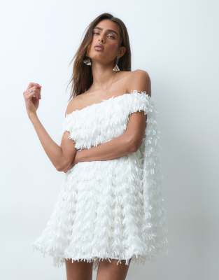 Arrange Fringe Sequin Bardot Trapeze Mini Dress In White