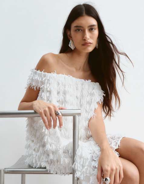 ARRANGE fringe sequin bardot trapeze mini dress in white