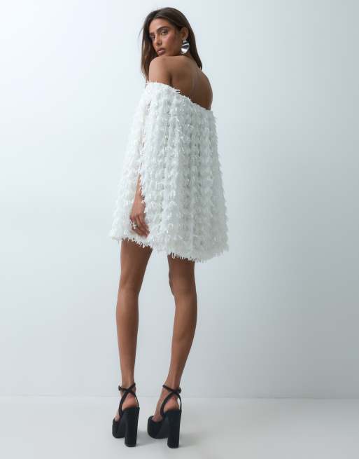 ARRANGE fringe sequin bardot trapeze mini dress in white, 5 of 5