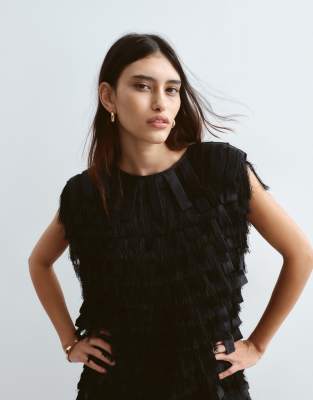 Arrange Fringe Textural Satin Loop Strong Shoulder Top In Black