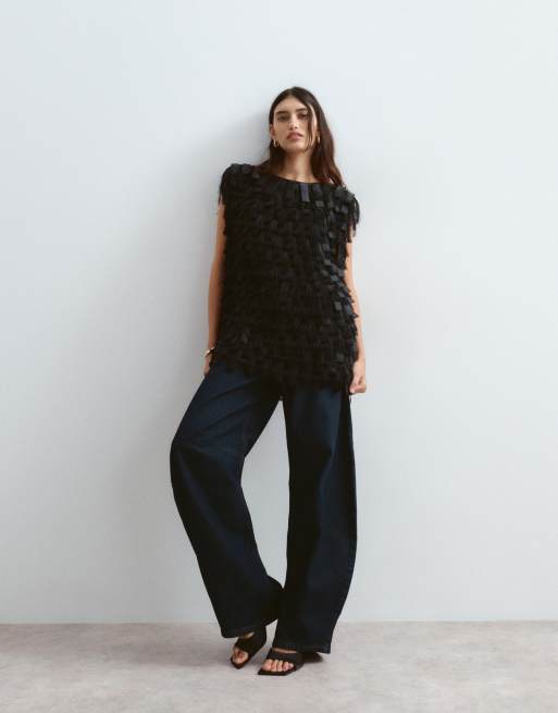 ARRANGE fringe textural satin loop strong shoulder top in black, 2 of 4
