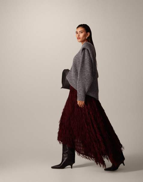 ARRANGE fringe texture asymmetric maxi skirt in oxblood