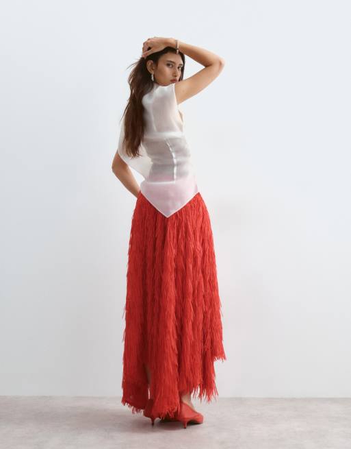 ARRANGE fringe texture asymmetric maxi skirt in red, 4 of 5