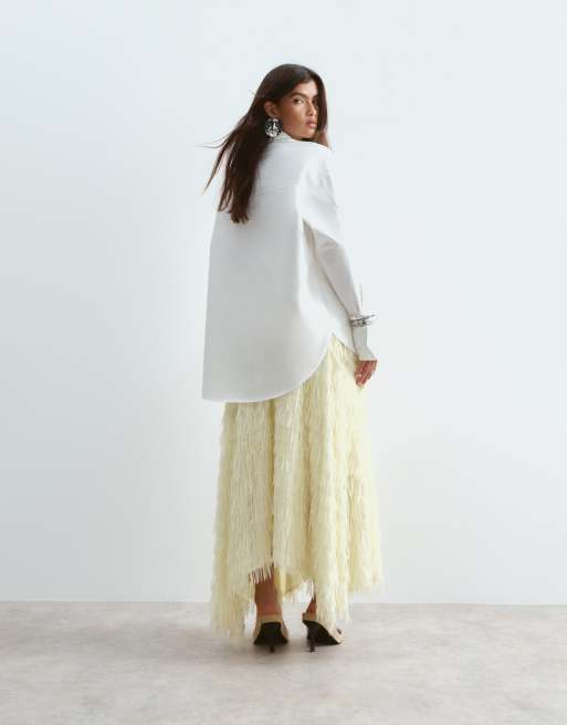 ARRANGE fringe texture asymmetric maxi skirt in soft yellow, 5 of 5