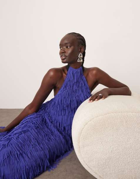ARRANGE fringe texture halter neck scoop back maxi dress in blue