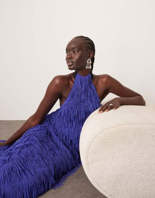 blue dress with fringe Chambray Midi - All Dresses 200 hours of meticulous handwork with exceptional attention to detail Akris Punto - Navy Blue