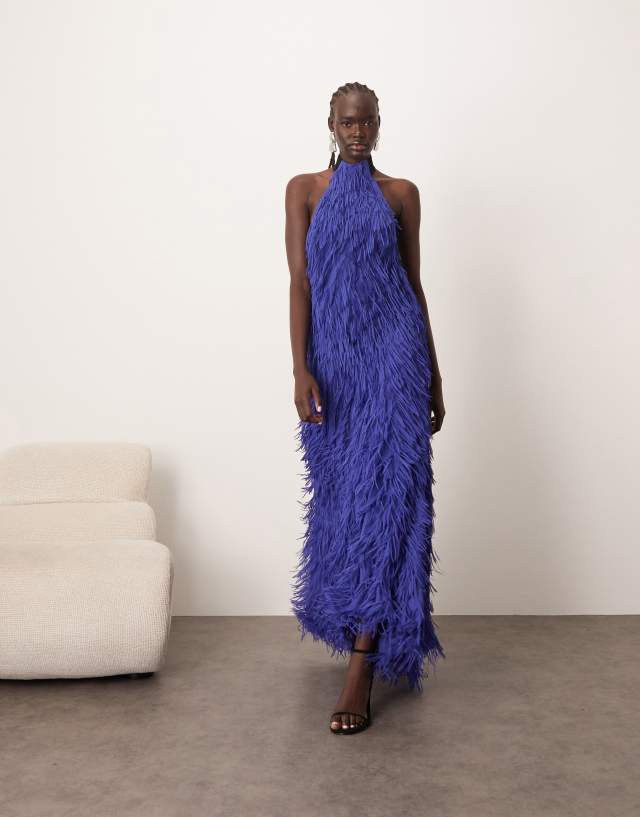 ARRANGE fringe texture halter neck scoop back maxi dress in blue