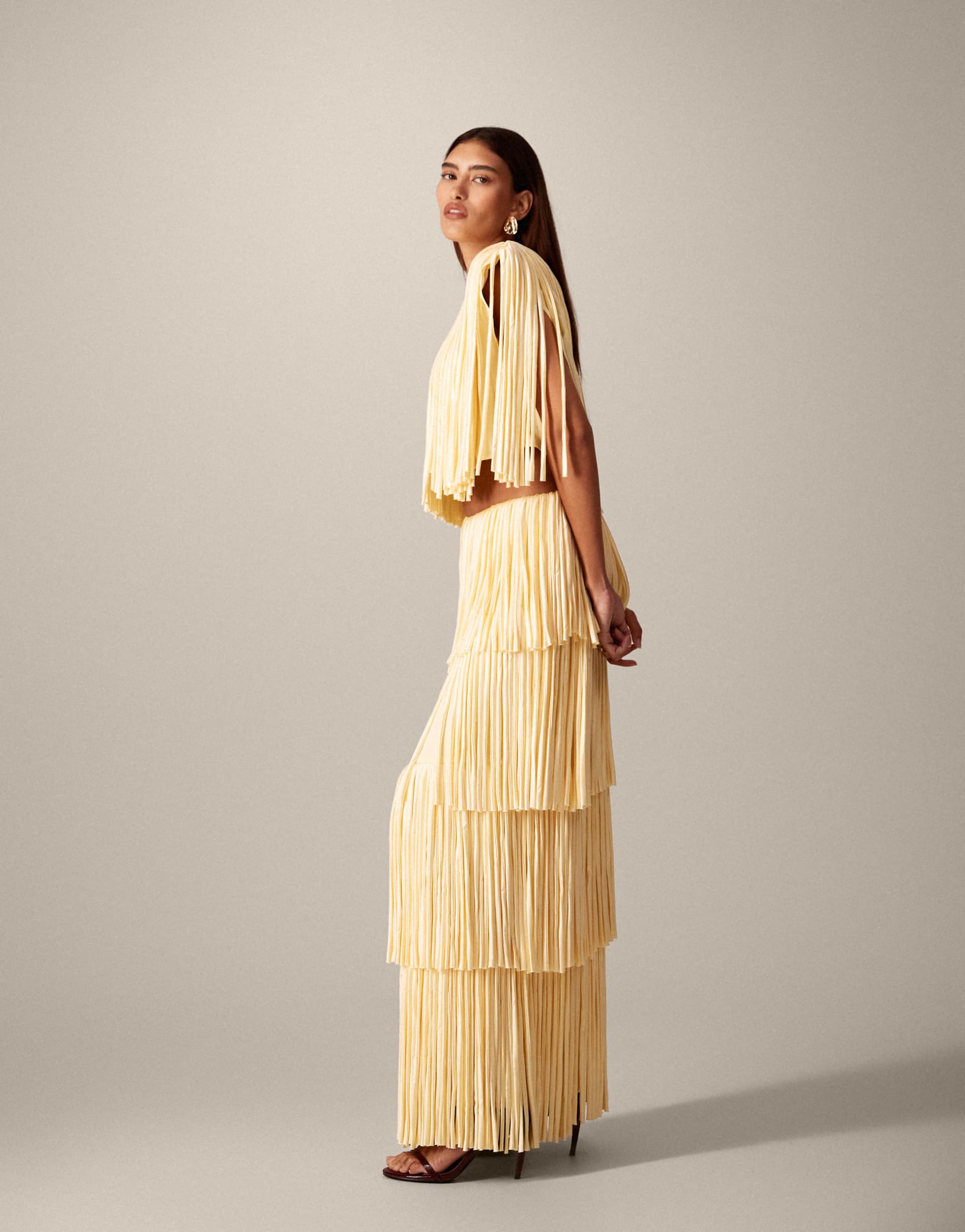 arrange fringe tiered maxi skirt in butter yellow - part of a set