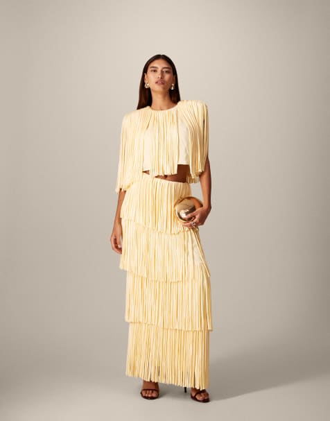 ARRANGE fringe tiered top co-ord with shoulder pad in butter yellow - view 1