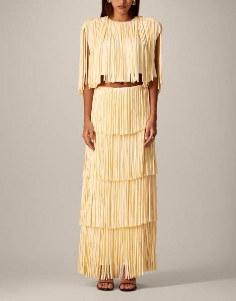 ARRANGE fringe tiered top with shoulder pads and maxi skirt set in butter yellow - view 1