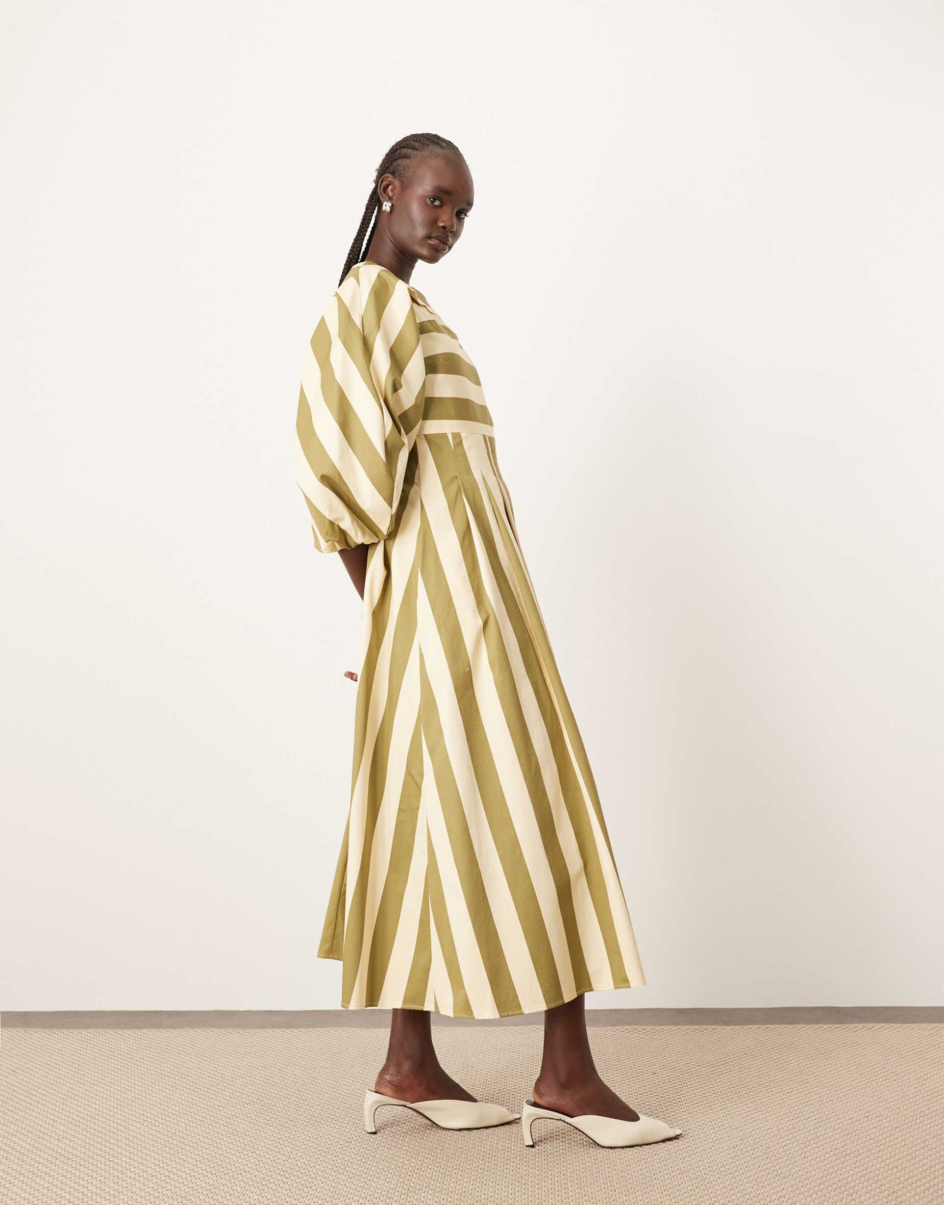 arrange full midi dress with pleat detail in olive stripe