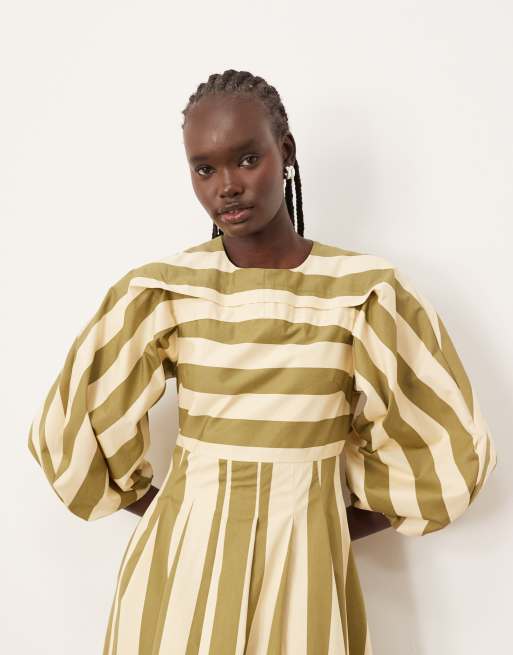 ARRANGE full midi dress with pleat detail in olive stripe, 2 of 4