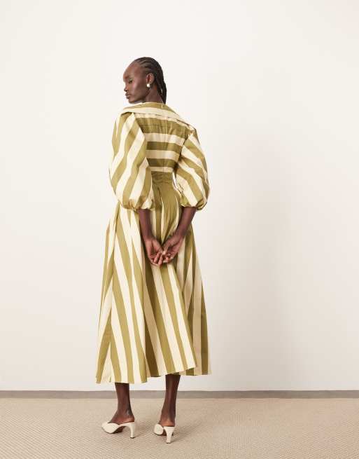 ARRANGE full midi dress with pleat detail in olive stripe, 4 of 4