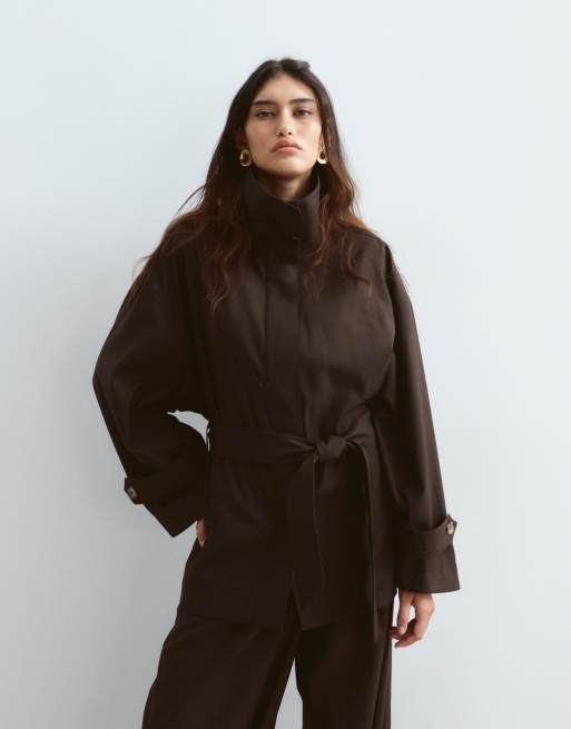ARRANGE funnel neck belted jacket co-ord in chocolate, 2 of 4