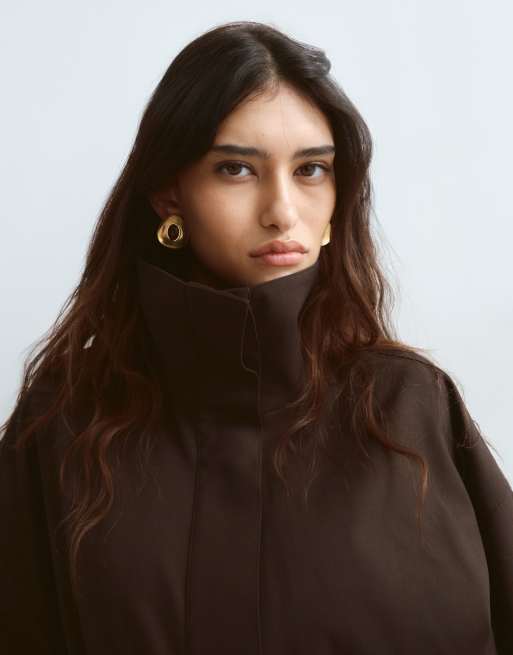 ARRANGE funnel neck belted jacket co-ord in chocolate, 3 of 4