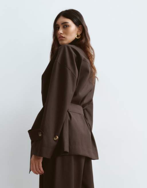 ARRANGE funnel neck belted jacket in chocolate - part of a set, 4 of 4