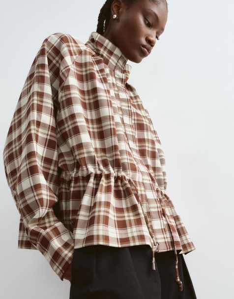 ARRANGE funnel neck shirt with dropped channel in check - view 1