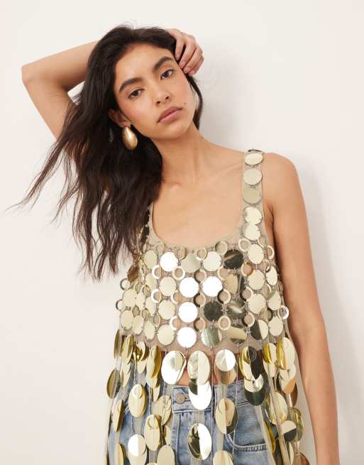 ARRANGE futurist sequin crop top with long 3D fringe hem in gold, 2 of 4